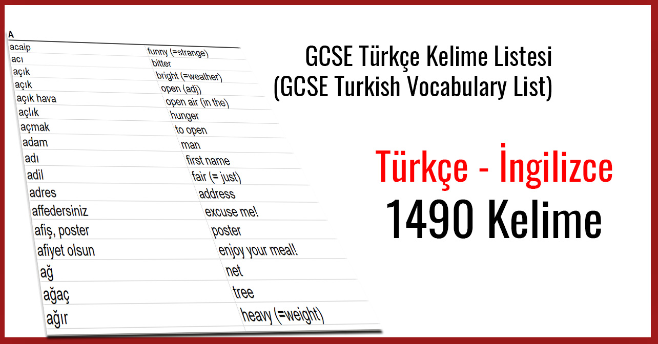 GCSE Türkçe Kelime Listesi (GCSE Turkish Vocabulary List)